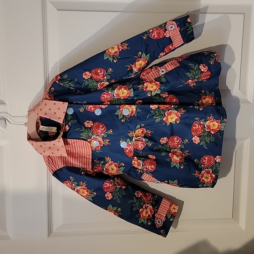 Matilda Jane Girls Raincoat Pink Polka Dot Navy Floral Sz 4 Belt incl Like NEW!!